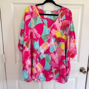 Adrienne Abstract Paint Print Dolman Sleeve Blouse Size M Bright Pink Teal